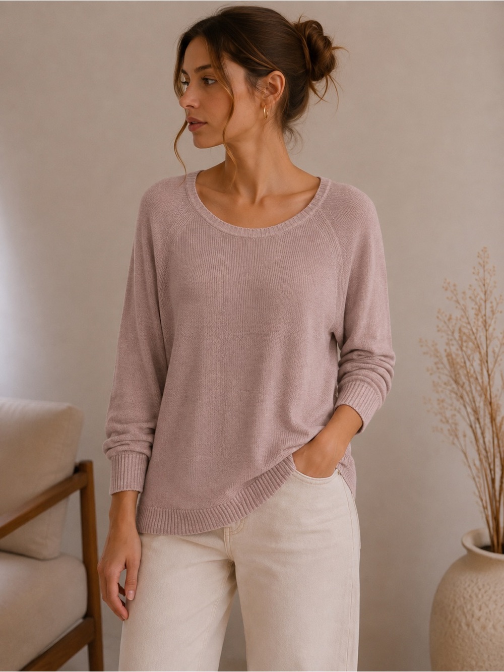 Talbots Dusty Rose Scoop Neck Knit Sweater w/Elbow Patches